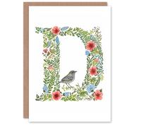 Artery8 Women's Greeting Card Letter D in Flowers with Bird Garden Watercolour Floral Alphabet Florist For Her Birthday Mum Wife Woman Friend Artery8 Multicolor
