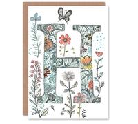 Artery8 Greeting Card Letter H Wildflower Garden Watercolour Butterfly Floral Alphabet Florist For Her Birthday Mum Wife Woman Friend