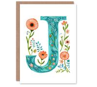 Artery8 Greeting Card Letter J in Watercolour Wildflowers Poppy Abstract Floral Alphabet Florist For Her Birthday Mum Wife Woman Friend