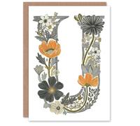 Artery8 Greeting Card Letter U in Wildflowers Line Drawing Red Delicate Floral Alphabet Florist For Her Birthday Mum Wife Woman Friend