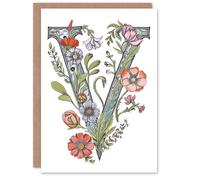 Artery8 Women's Greeting Card Letter V Classic Watercolour Wildflowers Elegant Floral Alphabet Florist For Her Birthday Mum Wife Woman Friend Artery8 Multicolor