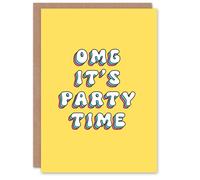 Artery8 Women's Greeting Card OMG Party Time Fun Bright Retro Yellow Birthday Artery8 Yellow