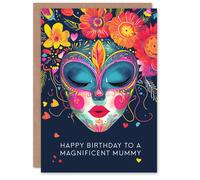 Artery8 Women's Mummy Happy Birthday Card Floral Headdress Love Hearts Flowers Venetian Mask For Her Greeting Card in Navy Artery8 Navy