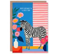 Artery8 Women's Nan Happy Birthday Card Colourful Modern Bright Zebra Stripes & Flowers For Her Greeting Card in Pink Artery8 Pink