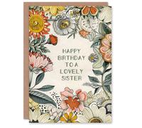 Artery8 Sister Happy Birthday Card Flower Bouquet Peony Daisies Sunflowers Botanical For Her Greeting Card