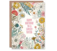 Artery8 Women's Sister Happy Birthday Card Modern Floral Wildflower Boho Elegant Botanical For Her Greeting Card in White Artery8 White