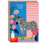 Artery8 Women's Stepmum Happy Birthday Card Colourful Modern Bright Zebra Stripes & Flowers For Her Greeting Card in Pink Artery8 Pink
