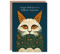 Artery8 Women's Stepmum Happy Birthday Card Magnificent Moggie William Morris Style Elegant Retro Cat For Her Greeting Card in Navy Artery8 Navy