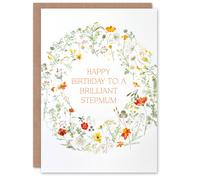Artery8 Stepmum Happy Birthday Card Simple Delicate Elegant Floral Circle Flowers And Plants Gardening For Her Greeting Card