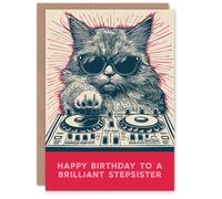 Artery8 Stepsister Happy Birthday Card DJ Moggie Retro Cool Cat On Decks Fun Funny For Her Greeting Card