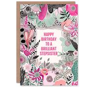 Artery8 Stepsister Happy Birthday Card Elegant Modern Boho Wildflowers Pink Flowers For Her Greeting Card