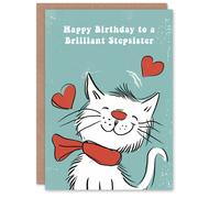 Artery8 Stepsister Happy Birthday Card Happy White Cat In Scarf Drawing Love Hearts For Her Greeting Card