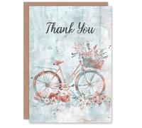 Artery8 Women's Vintage Bicycle Flower Basket Light Watercolour Thank You Card in Blue Artery8 Blue
