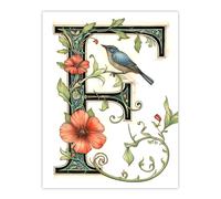 Artery8 Women's Wall Art Print Letter F in Calligraphy Watercolour Bird Flowers Floral Word Art For Her Poster | Size: W18" x H24" Artery8 Multicolor W18" x H24"