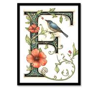 Artery8 Women's Wall Art Print Letter F in Calligraphy Watercolour Bird Flowers Floral Word Art Framed | Size: W12" x H16" Artery8 Multicolor W12" x H16"