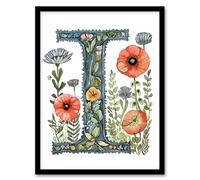 Artery8 Letter I in Watercolour Wildflowers Poppy Bouquet Floral Word Art For Her Birthday Mum Wife Woman Friend Artwork Framed Wall Art Print A4
