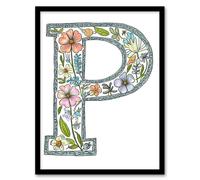 Artery8 Women's Wall Art Print Letter P in Flowers Pencil Drawing Spring Bouquet Floral Word Art Framed | Size: W12" x H16" Artery8 Multicolor W12" x H16"