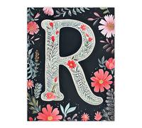 Artery8 Women's Wall Art Print Letter R in Red Flowers Watercolour Bold Leaves Floral Word Art For Her Poster | Size: W12" x H16" Artery8 Multicolor W12" x H16"