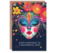 Artery8 Women's Wife Happy Birthday Card Floral Headdress Love Hearts Flowers Venetian Mask For Her Greeting Card in Navy Artery8 Navy