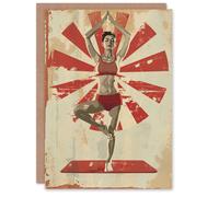 Artery8 Women's Yoga Tree Pose Retro Japanese Style Design Birthday Card in Red Artery8 Red