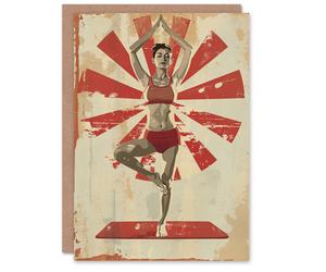Artery8 Women's Yoga Tree Pose Retro Japanese Style Design Birthday Card in Red Artery8 Red