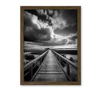 Artery8 Wooden Bridge River Landscape Black and White Artwork Framed Wall Art Print 18X24 Inch