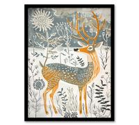 Artery8 Woodland Deer in Snow Wildflowers Winter Folk Art Framed Art Print in White | Size: W12" x H16" Artery8 White W12" x H16"