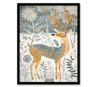 Artery8 Woodland Deer in Snow Wildflowers Winter Folk Art Living Room Artwork Framed Wall Art Print A4