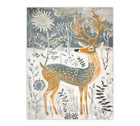 Woodland Deer in Snow Wildflowers Winter Folk Art Wall Art Print Artery8 White W12 inch x H16 inch