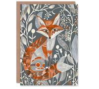 Artery8 Greeting Card Woodland Fox Folk Art Grey Rustic Wildflowers Blank For All Him Or Her Art Birthday Card