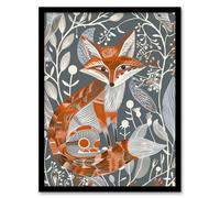 Artery8 Woodland Fox Folk Art Grey Rustic Wildflowers Living Room Artwork Framed Wall Art Print A4