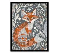 Artery8 Woodland Fox Folk Art Grey Rustic Wildflowers Living Room Art Print Framed Poster Wall Decor 12x16 inch