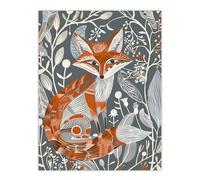 Woodland Fox Folk Art Grey Rustic Wildflowers Wall Art Print Artery8 Orange W18 inch x H24 inch