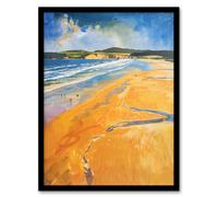 Artery8 Woolacombe Beach Watercolour Seaside Landscape Framed Art Print | Size: W12" x H16" Artery8 Multicolor W12" x H16"