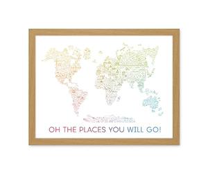 Artery8 World Travel Landmark Line Map Oh The Places You Will Go! Rainbow White Artwork Framed Wall Art Print 18X24 Inch