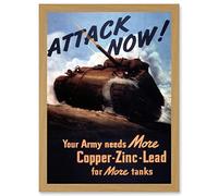 World War WW2 USA Attack Tank Metal Copper Zinc Lead A4 Artwork Framed Wall Art Print Artery8 Light Oak One Size