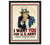 World War WW2 USA Uncle Sam We Want You Army Iconic A4 Artwork Framed Wall Art Print Artery8 Black One Size