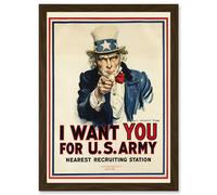 World War WW2 USA Uncle Sam We Want You Army Iconic A4 Artwork Framed Wall Art Print Artery8 Brown One Size