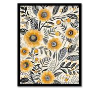 Artery8 Yellow Black Marigold Flowers Pattern Wildflowers Living Room Artwork Framed Wall Art Print A4