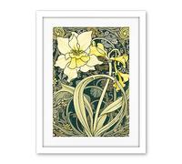 Artery8 Yellow Daffodil Flower Watercolour Art Nouveau Artwork Framed Wall Art Print 18X24 Inch