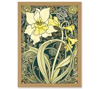 Artery8 Yellow Daffodil Flower Watercolour Art Nouveau Artwork Framed Wall Art Print A4