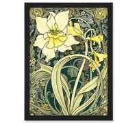Artery8 Yellow Daffodil Flower Watercolour Art Nouveau Artwork Framed Wall Art Print A4