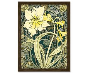 Artery8 Yellow Daffodil Flower Watercolour Art Nouveau Artwork Framed Wall Art Print A4