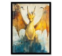 Artery8 Yellow Dragon With Big Wings Fantasy Oil Painting Framed Art Print | Size: W12" x H16" Artery8 Yellow W12" x H16"