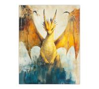 Yellow Dragon With Big Wings Fantasy Oil Painting Wall Art Print Artery8 Yellow W24 inch x H32 inch
