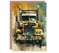 Artery8 Greeting Card Yellow Long Haul Truck Front Modern Painting For Him Man Birthday Card