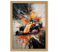 Yellow Race Car Racing Scene Modern Spatter Art Artwork Framed Wall Art Print A4 Artery8 Light Oak One Size
