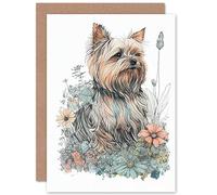 Artery8 Yorkshire Terrier Dog in Wildflowers Bright Watercolour Illustration Art Birthday Sealed Greeting Card Plus Envelope Blank inside