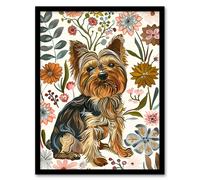 Artery8 Yorkshire Terrier Dog Lover Boho Floral Pattern Framed Wall Art in Brown | Size: A4 Artery8 Brown A4