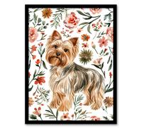 Artery8 Yorkshire Terrier Dog Lover Pink Floral Pattern Living Room Artwork Framed Wall Art Print A4
